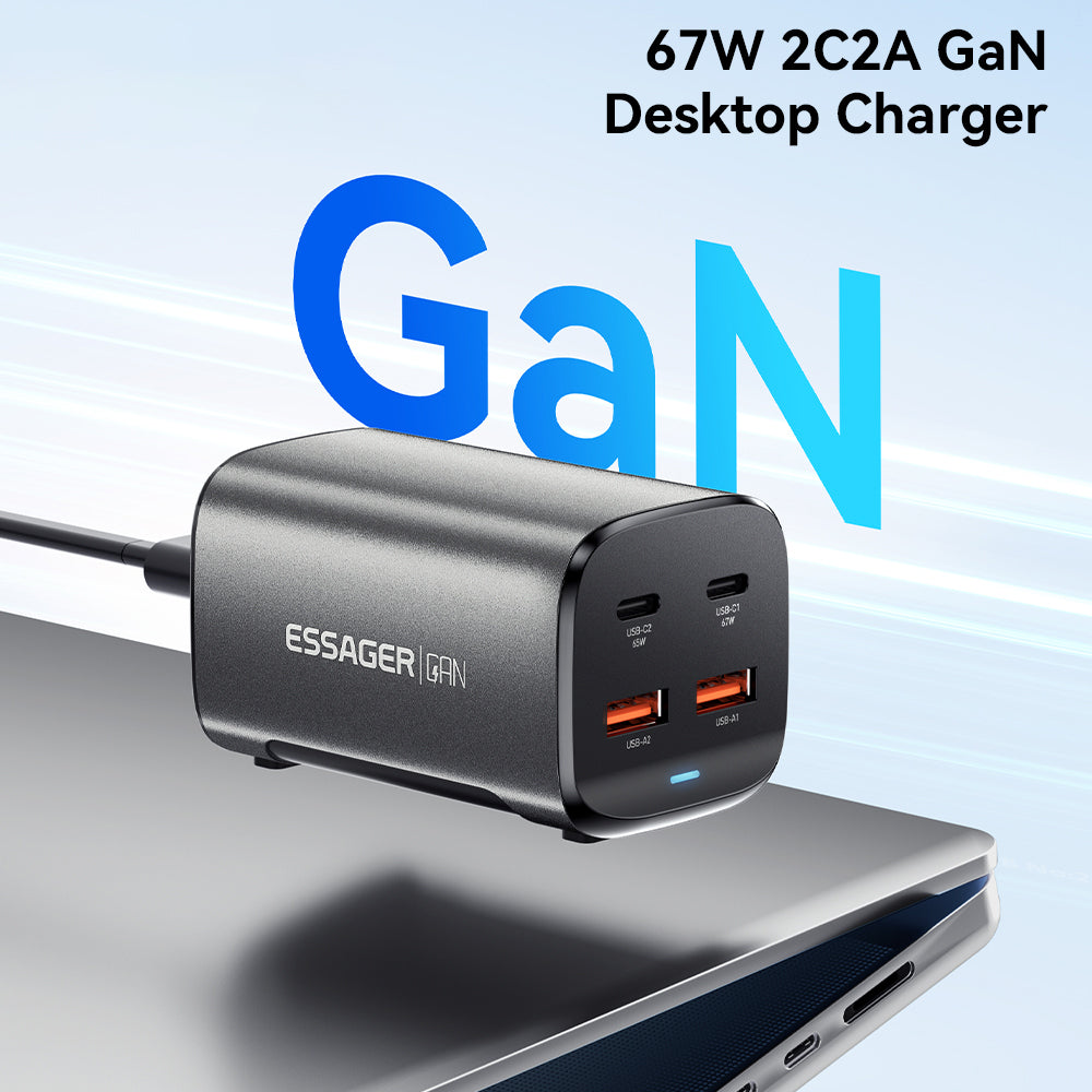 ESSAGER 67W GaN Power Adapter 2 USB + 2 Type-C Portable Desktop Charger ESSAGER 67W GaN Power Adapter 2 USB + 2 Type-C Portable Desktop Charger